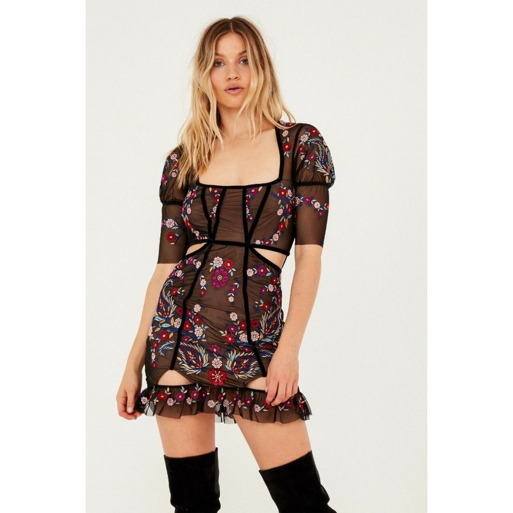 For Love & and Lemon Mini Dress Ester xs xxs xsmall Black Mesh Embroidered 0 2